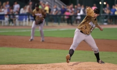 Casey Bloomquist pitches for Myrtle Beach Pelicans v Down East Wood Ducks