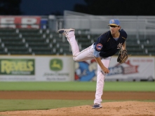 Casey Bloomquist pitches for Myrtle Beach Pelicans v Down East Wood Ducks